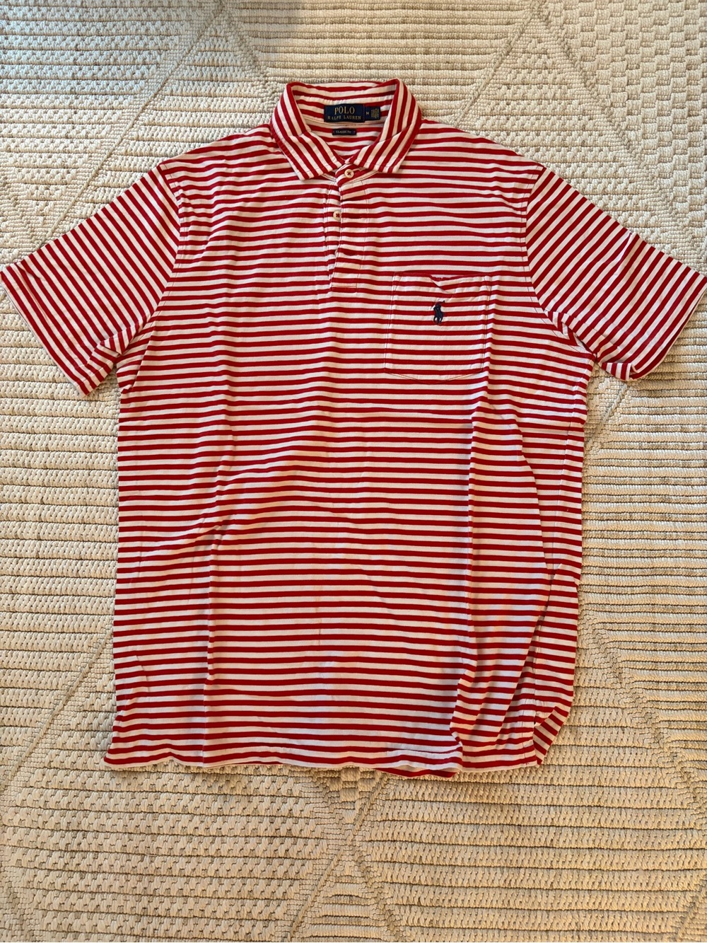 Ralph Lauren Red and White Striped Polo Shirt with Pocket
